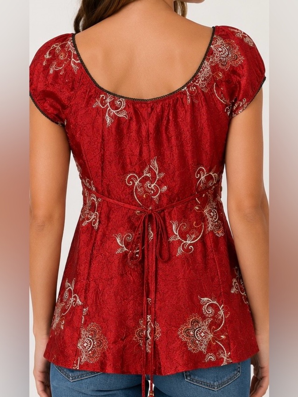 Heart Soul Y2K Boho Red Embroidered Studded Empire Waist Top | Small - Picture 2 of 5